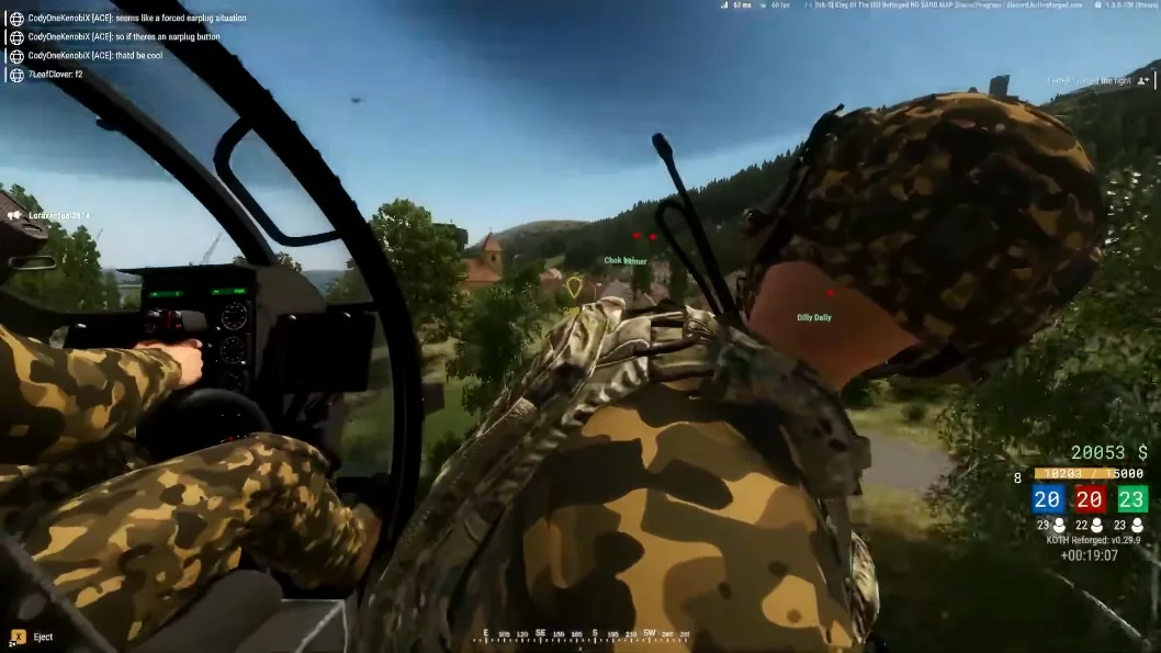 Arma Reforger helicopter cockpit view with battlefield ESP and team overlays